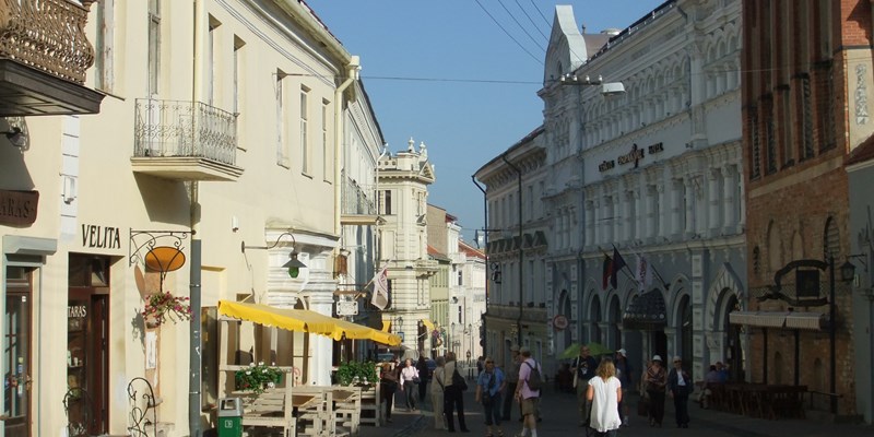 Gediminas Tower viewed from Pilies Street late in the evening, in Vilnius, Lithuania